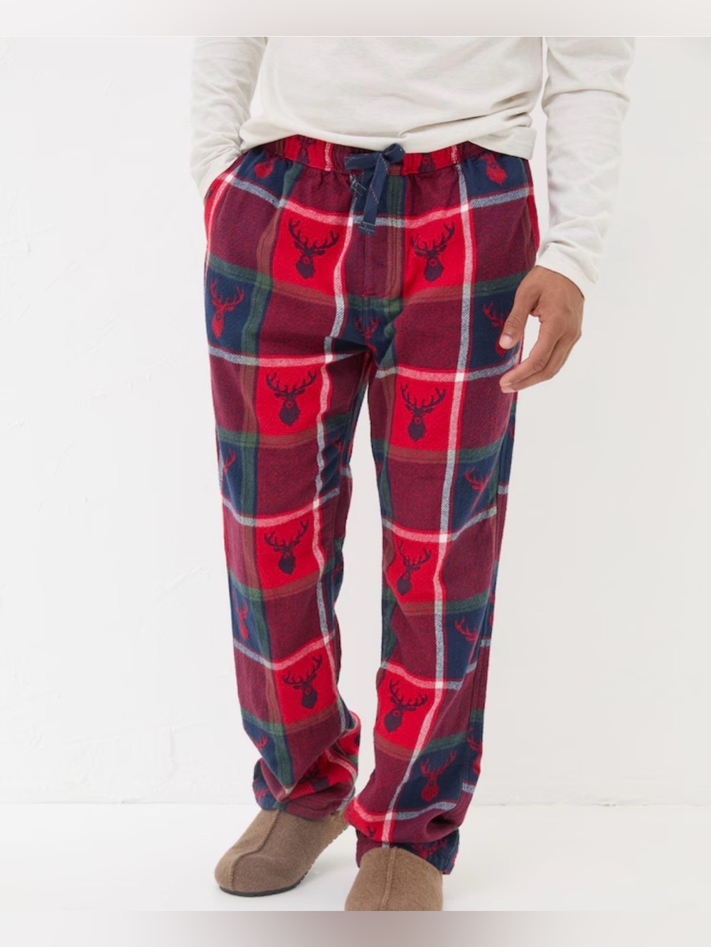 FatFace Men’s Jacquard Reindeer Plaid Lounge Pajama Pants Size L Red 100% Cotton